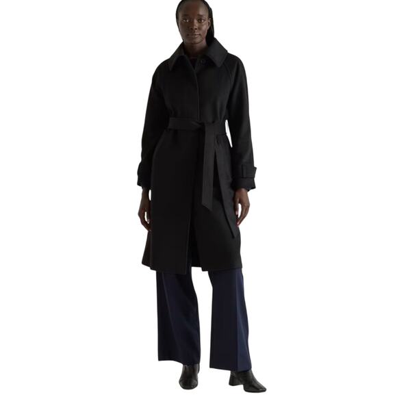 New Quince Women Black Italian Wool Belted Funnel Neck Coat Rare Small 3749 - Picture 1 of 13